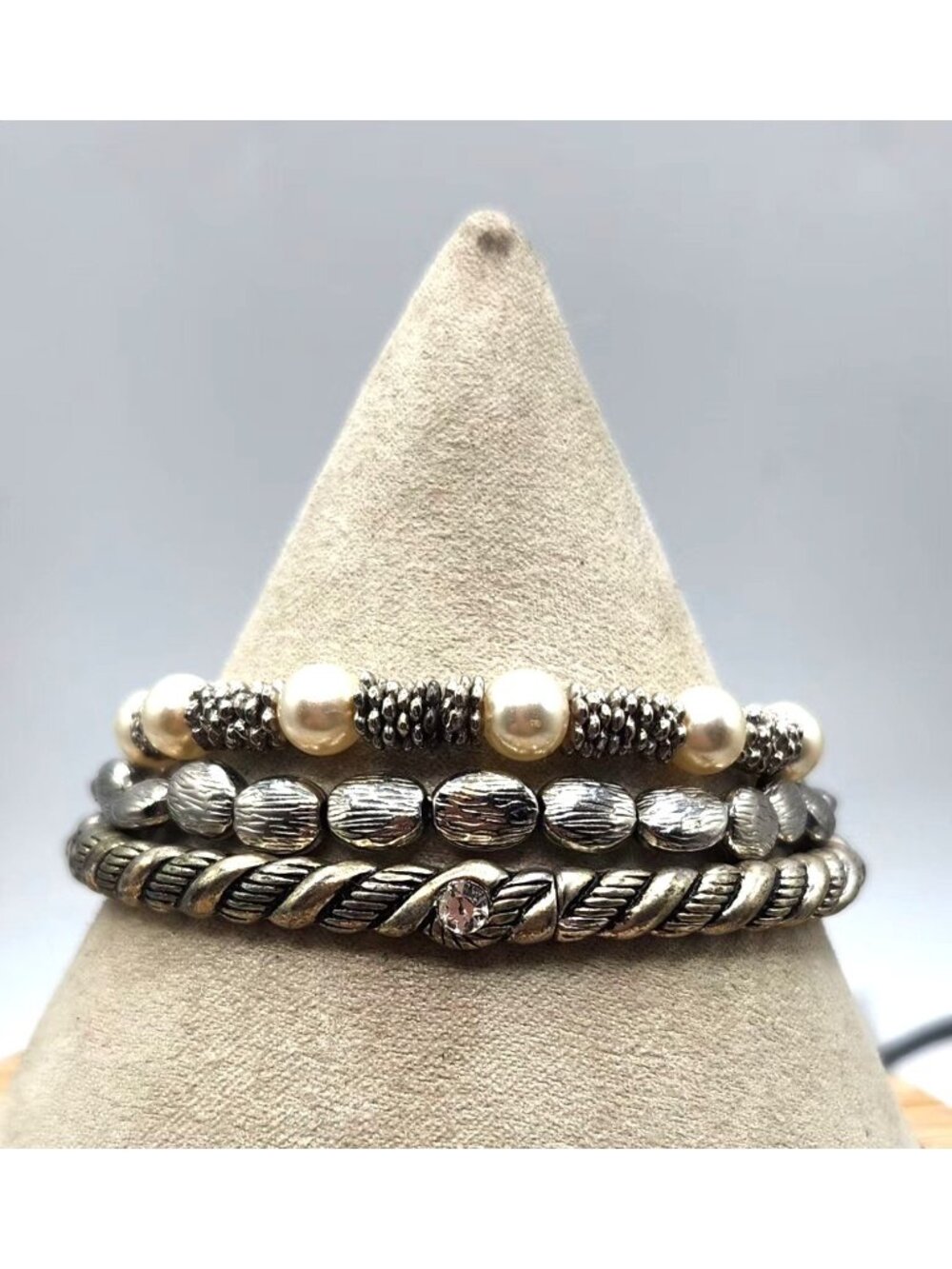3 Silver Tone Stretch Bracelets, Faux Pearls Fancy Beads